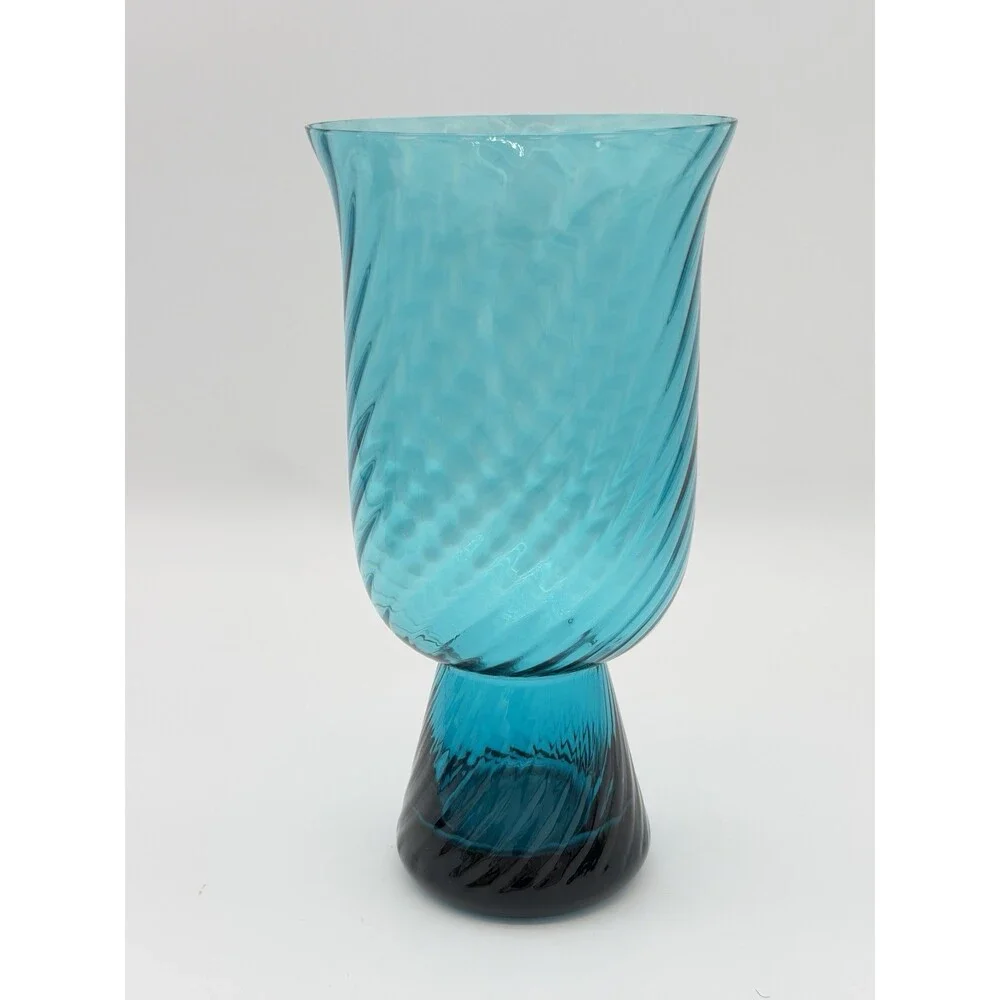 Empoli Italy Handblown Art Glass Diamond Optic Teal Pedestal Vase 8.5” Swirl